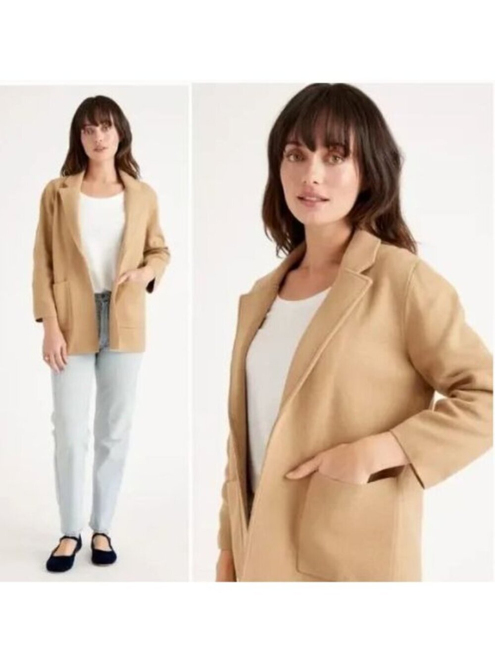 Quince Organic Cotton Blazer L Open Front Pockets Minimalist Neutral 100% Cotton